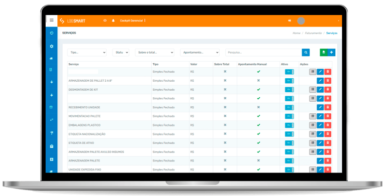 Tela de edição/cadastro (WMS Log Smart) de serviços que são prestados dentro do estoque.
