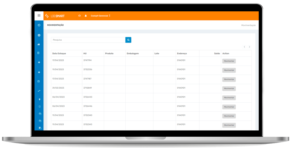 Imagem de tela de movimentação de estoque do WMS Log Smart.