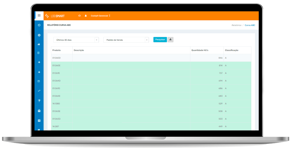 Imagem de tela do relatório de curva abc do WMS Log Smart.