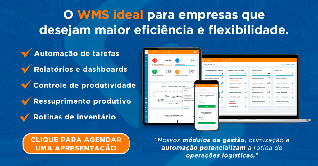 material gráfico/banner de divulgação do WMS Log Smart, que tem como objetivo a resolução de gargalo operacional.