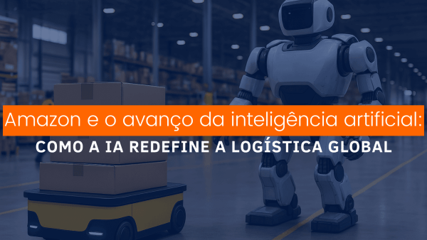 Robô humanoide ao lado de um robô autônomo transportando caixas em um armazém moderno.
