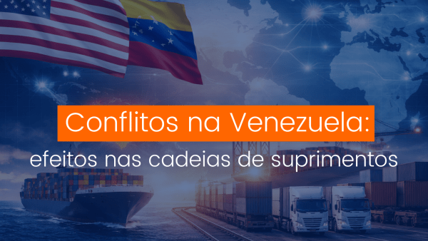 Ilustração conceitual de navio porta-contêineres, caminhões e mapa global destacando a Venezuela e os Estados Unidos no contexto das cadeias de suprimentos.