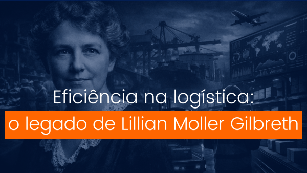 Lillian Moller Gilbreth ao lado de cenário industrial moderno representando a evolução da eficiência na logística ao longo do tempo.